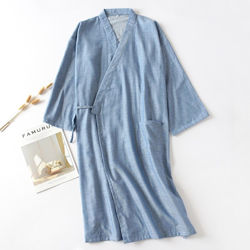 Multicolor Men's Cotton and Linen Bathrobe for Spring and Summer Solid Color Kimono Robe Home Bath Men Clothes: 4 / M