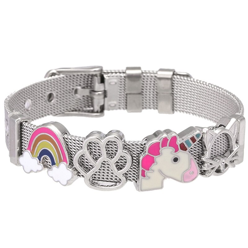 de joyería de acero inoxidable Keeper Mesh Bracelet Set con corazón Arco Iris unicornio finos dijes pulseras como para mujer: S003