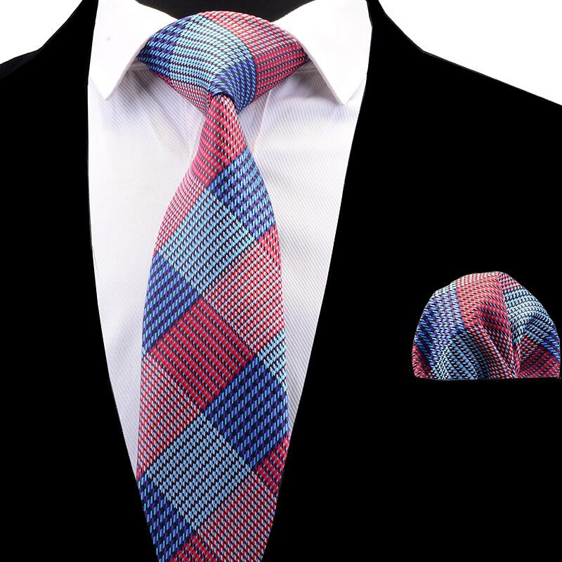 RBOCOTT Plaid Tie Set For Men Necktie Handkerchief Men's Classic Striped Neck Tie 8cm Red Blue Brown For Wedding: 14