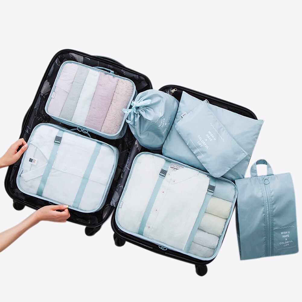 7Pcs Reistassen Waterdichte Verpakking Compressie Kleding Opbergtas Reizen Insert Case Set Bagage Organizer Pouch Verpakking Kubus: sky blue