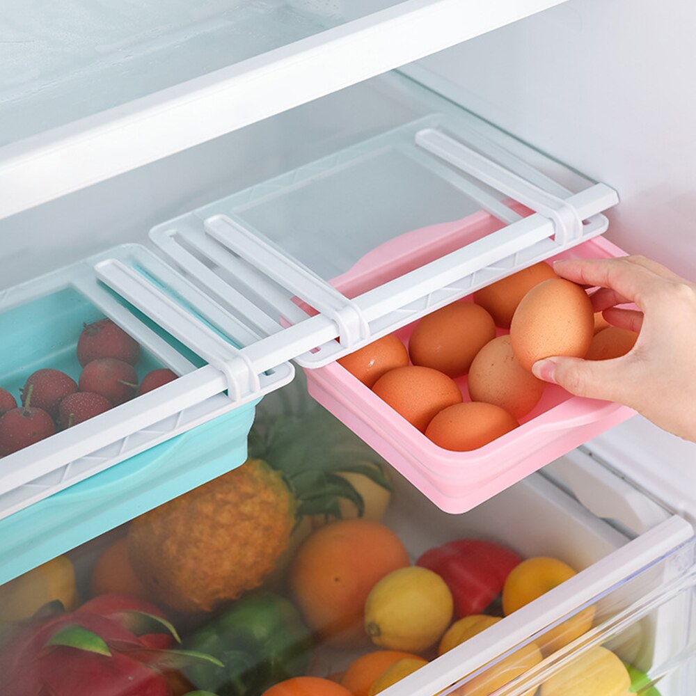 Mutfak meyve yumurta organizatör depolama raf çekmece kutusu katlanır asılı saklama kutusu buzdolabı dondurucu raf tutucu Space Saver