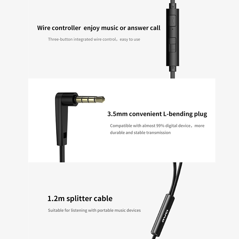 Awei  z1 sport bekabelde headset met microfoon stereo in-ear muziek oordopjes 3.5mm l buigende vier dynamische headset voor telefoon oordopjes
