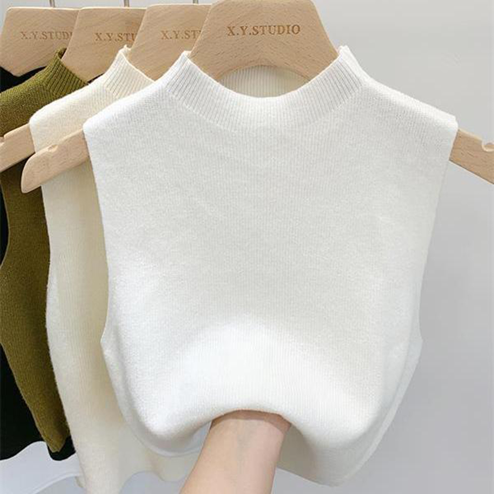 Camiseta sin mangas para mujer, camisetas tejidas de Color sólido, Top corto, camisola, suéter medio cuello alto, sin mangas para primavera y otoño: Blanco