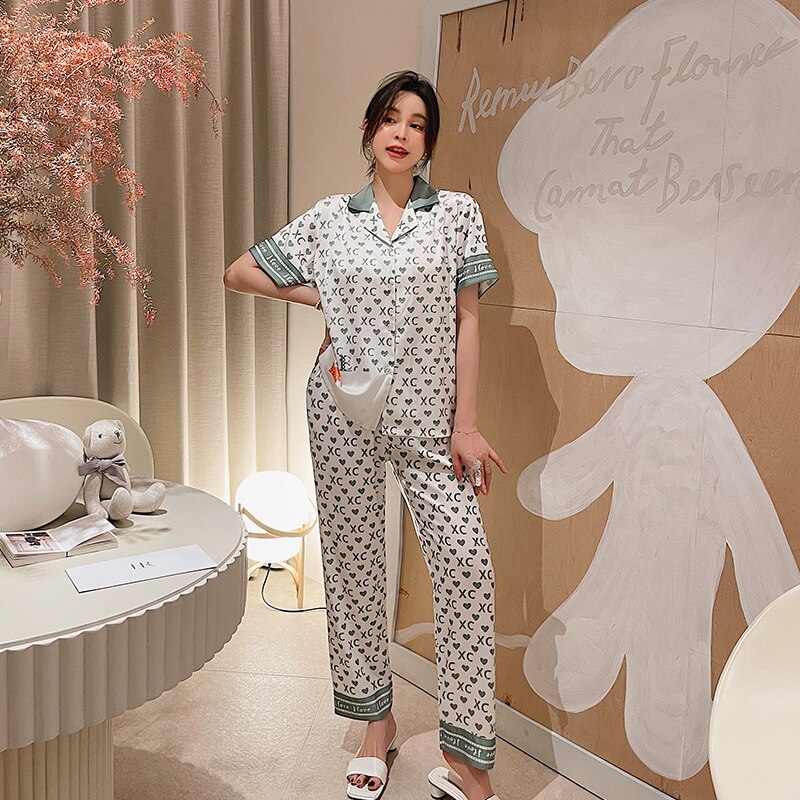 Pijama de manga corta para mujer, conjunto de camisón de seda de hielo, ropa fina para el hogar, ropa de dormir holgada de satén