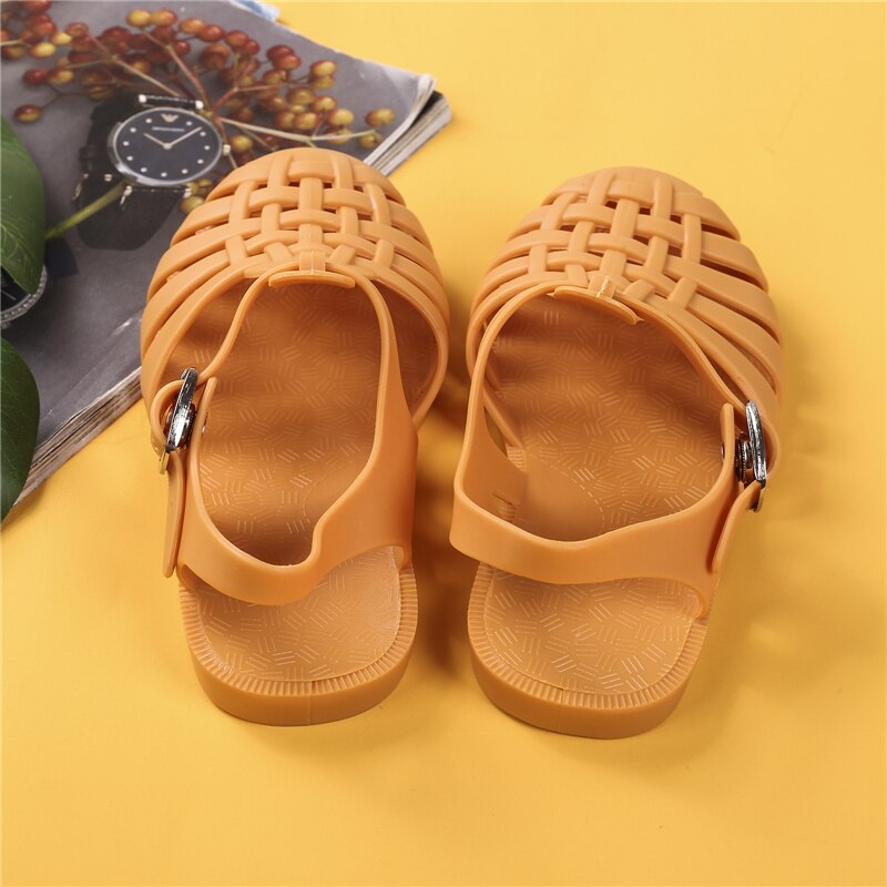 Sandales plates d'été pour enfants, chaussures de marche ajourées, couleur unie, pour filles et garçons