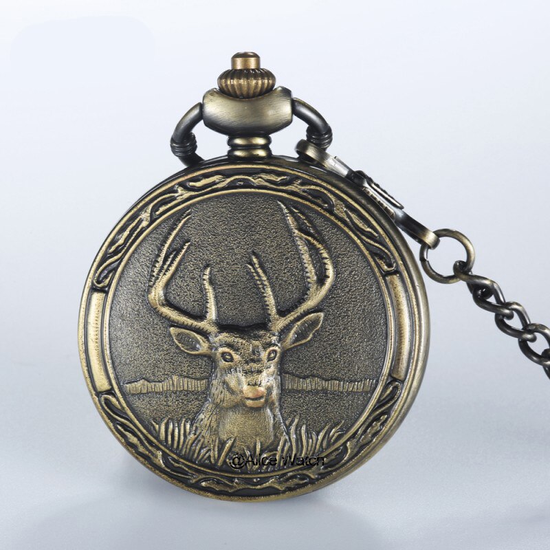 Vintage Quartz Pocket FOB Watch Antique Deer With Pendant Necklace Bronze Boys Pocket Watch Chain For Men Relogio De Bolso