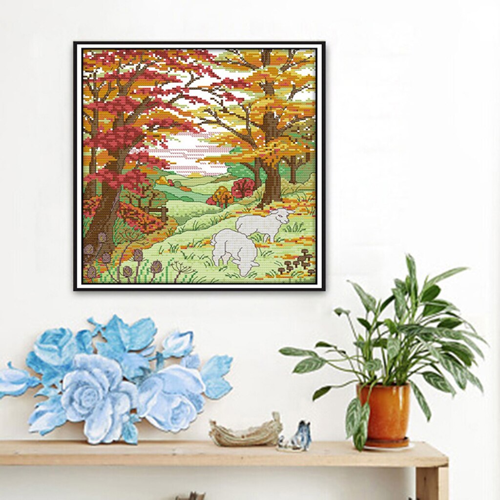Adults DIY Autumn Sheep Cross Stitch Kit Pre-printed Hand Home Hotel Decor