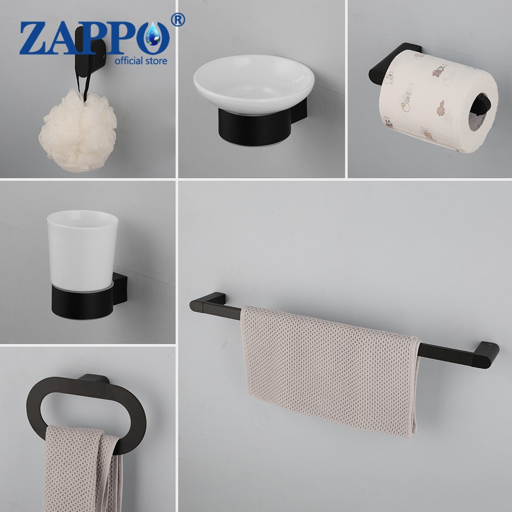 ZAPPO SUS 304 Stainless Steel Matte Black Bathroom Hardware Set Paper Holder Toothbrush Holder Towel Bar Bathroom Accessories