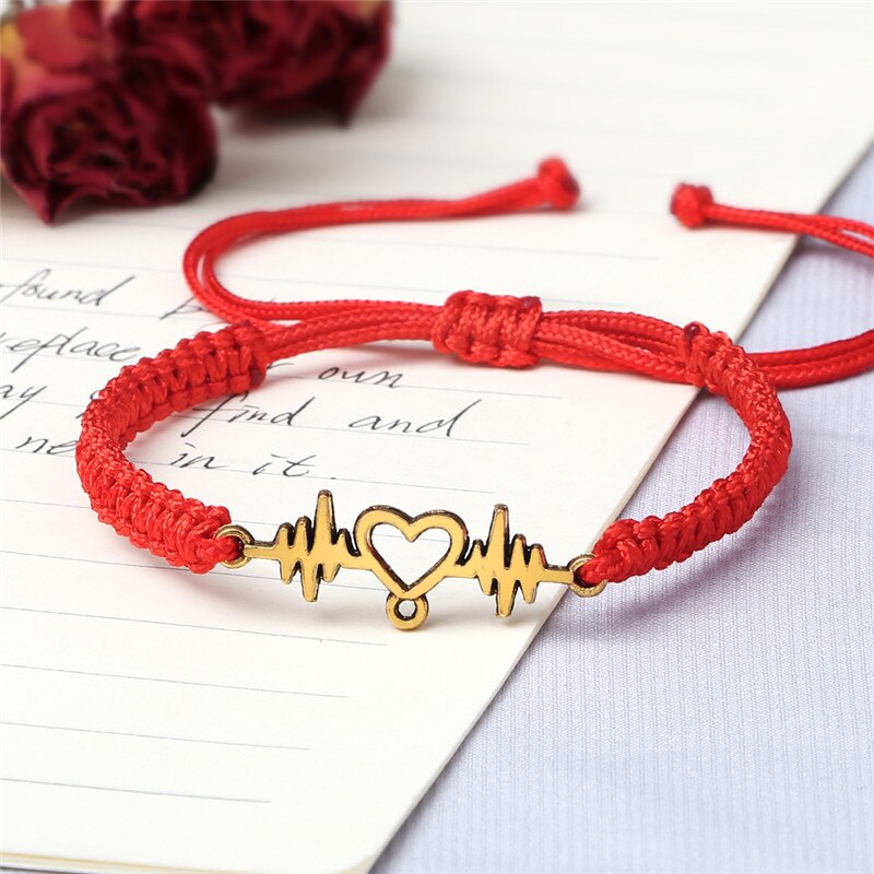 Goud Hartslag Cardiogram Armbanden Vrouwen Rood Zwart Touw Handgemaakte Weven Minnaar Sieraden Armband Speciale Cadeaus Voor Beste Vrienden