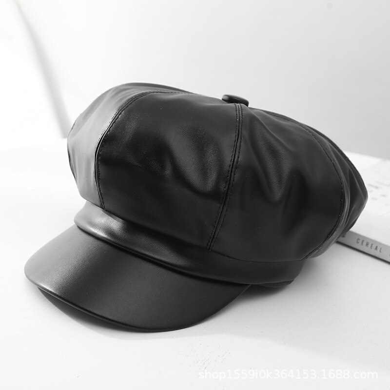 Boina T-MAO de cuero Pu para hombre y mujer, gorro liso Vintage, , Color sólido, para invierno: black