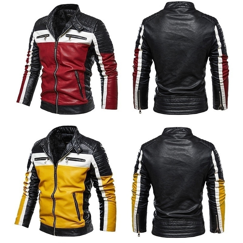 Mænd gul læder jakke patchwork biker jakke mænd afslappet lynlås frakke mænd motorcykel jakke slim fit pelsforet outwear frakke