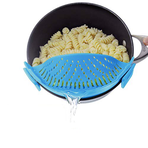 Colador de tensión de drenaje de cocina, colador de silicona con Clip, se adapta a todas las ollas y cuencos, Clip embudo escurridor gadget de cocina: Light blue