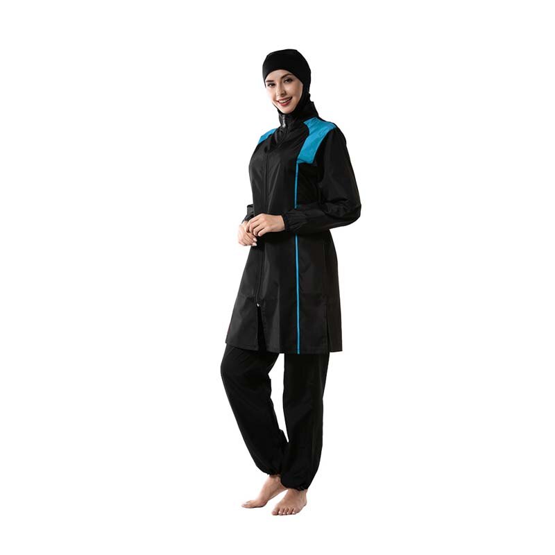 BAILUNMA Women Burkinis Muslim Swimwear Trousers Hooded Swimsuit Hijab Three-piece Sport Islamic Beachwear M015: Sky blue / M