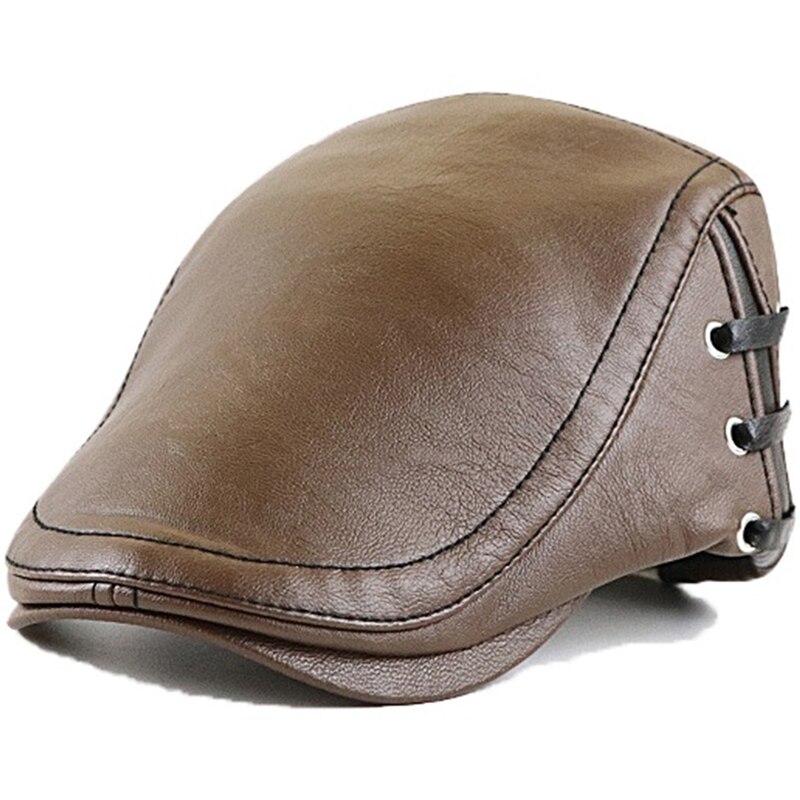 Gorros de cuero sintético para hombre, Boina a prueba de viento, plana, con correa lateral cálida, Boina Masculina: Light coffee Style2