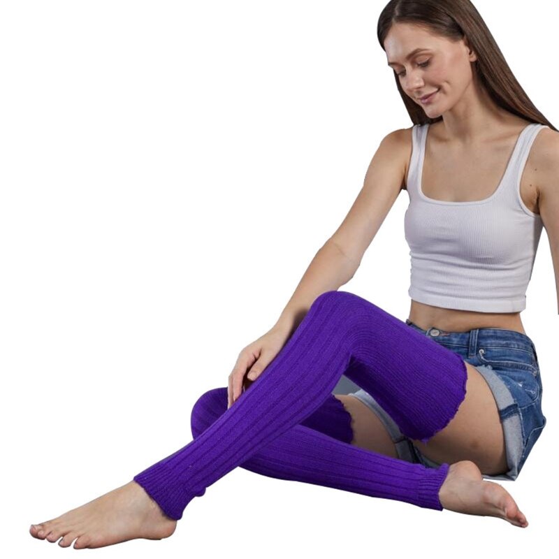 Womens Ribbed Cable Knit Leg Warmers Winter Warm Ruffled Top Stretch Over Knee Thigh High Long Socks Footless: Purple