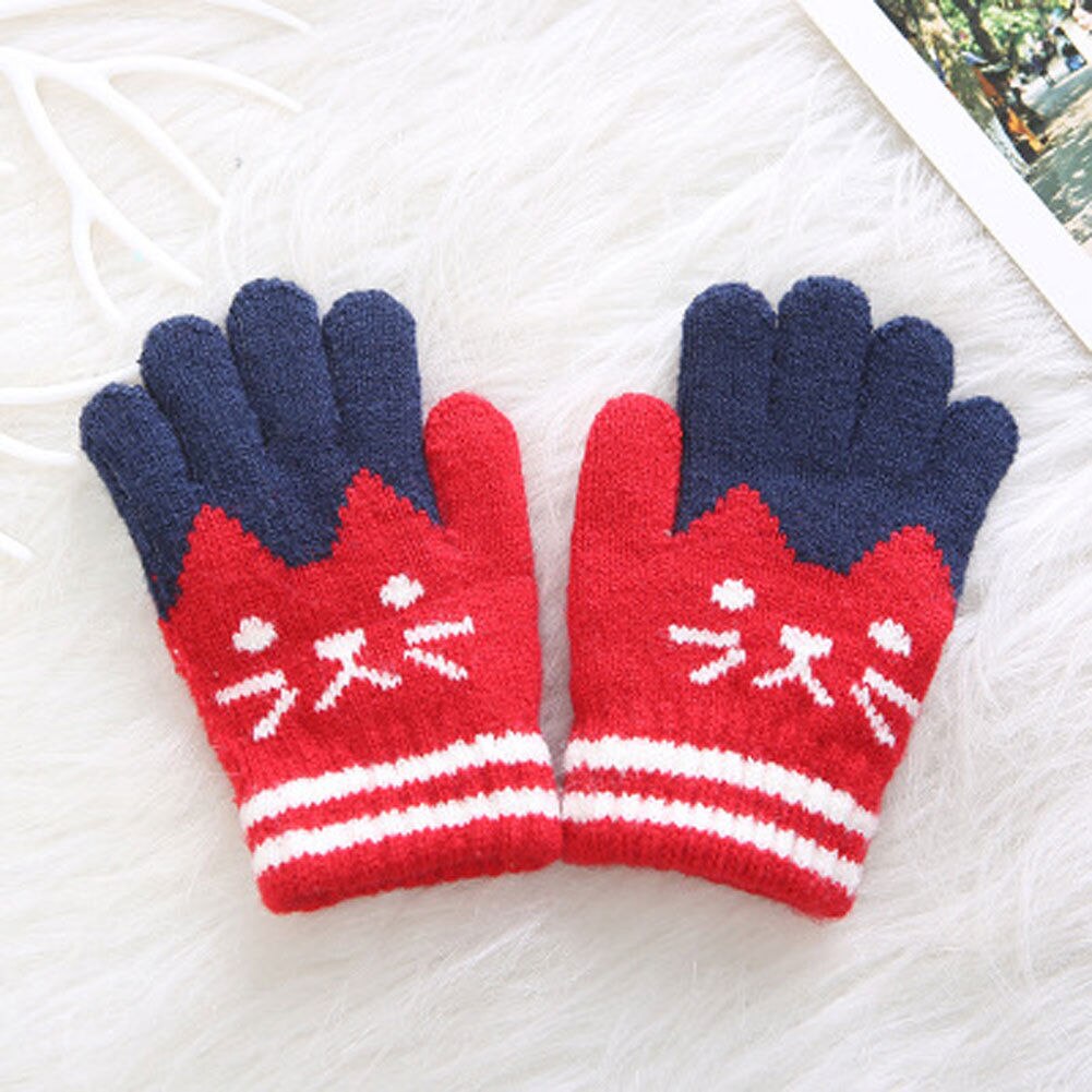 1 Paar Kinderen Kids Jongens Meisjes Warm Cartoon Leuke Kat Wanten Winter Handschoenen: Rood
