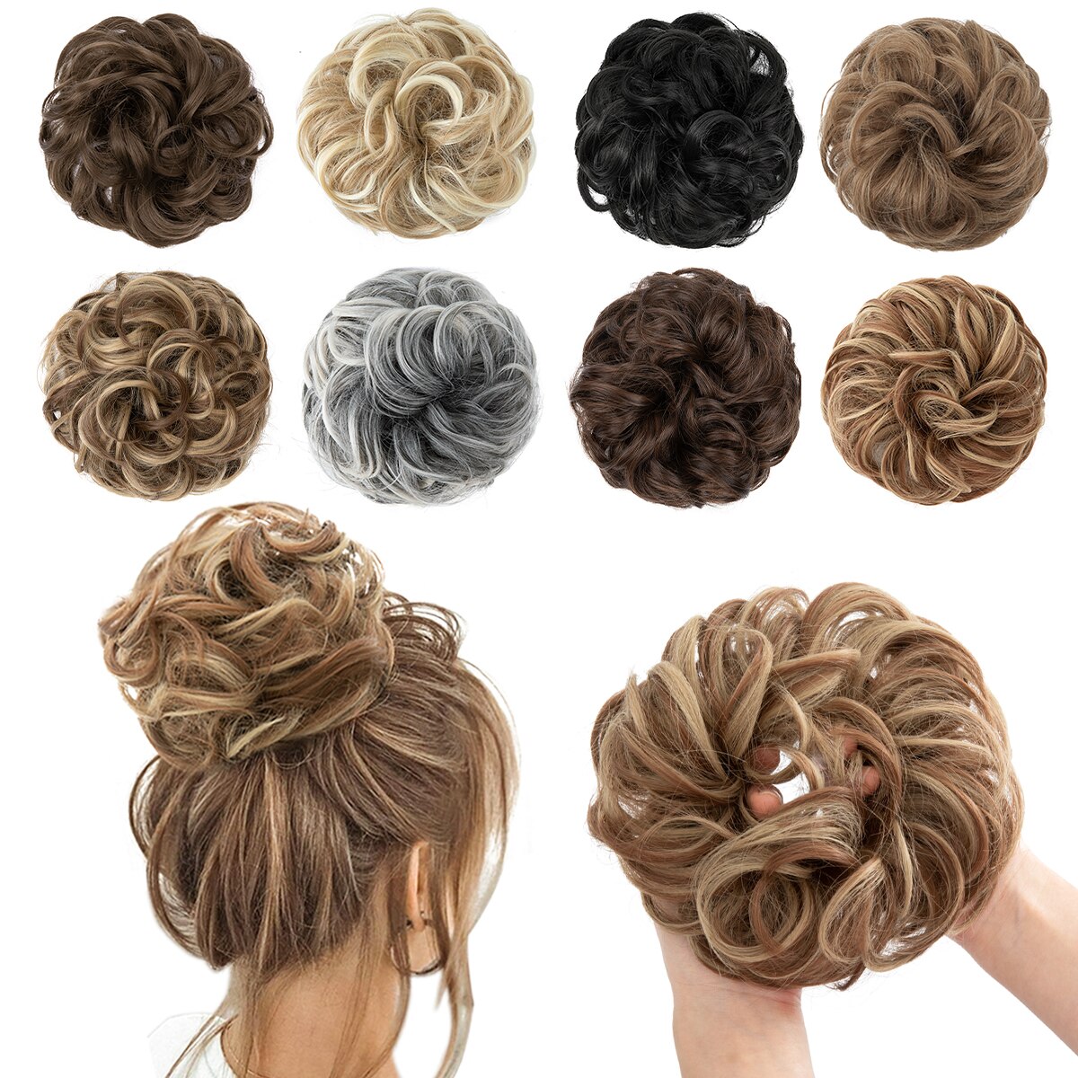 Extensiones de moño de pelo sintético desordenado, moño grande y rizado, gomas para el pelo elásticas, postizos, Donut Updo, piezas de cabello para mujer