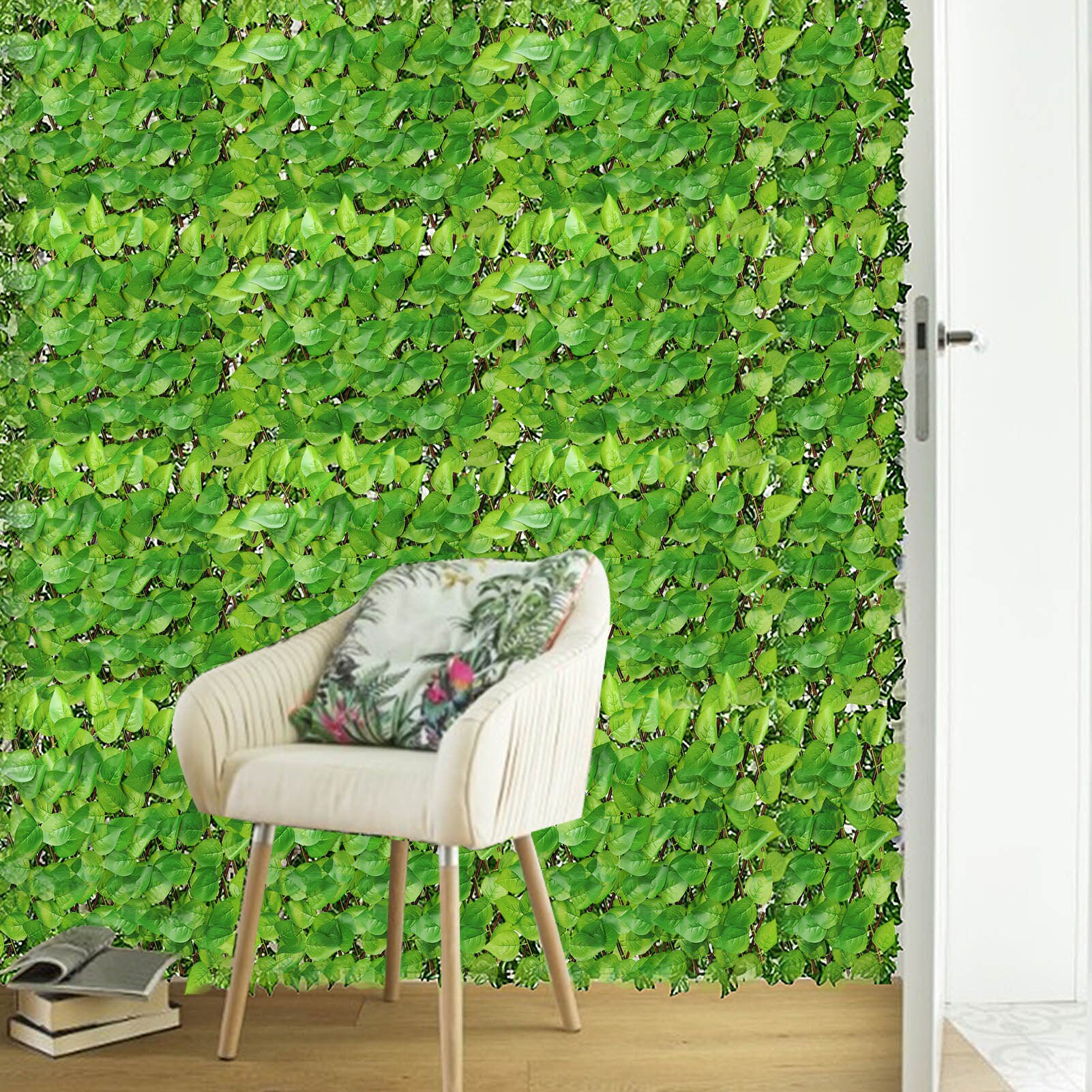 Simulation Wooden Garden Fence Decoration Privacy Wood With Artificial Green Leaf Retractable Extension Yard Fence Mesh Grille