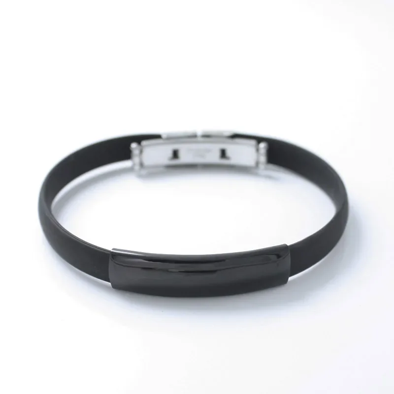 lässig Jahrgang handgemachte schwarze Gummi Armbinde Silber Farbe Edelstahl Bar Silikon Herren Handschlaufe: Nachgemachter Rhodium überzogen