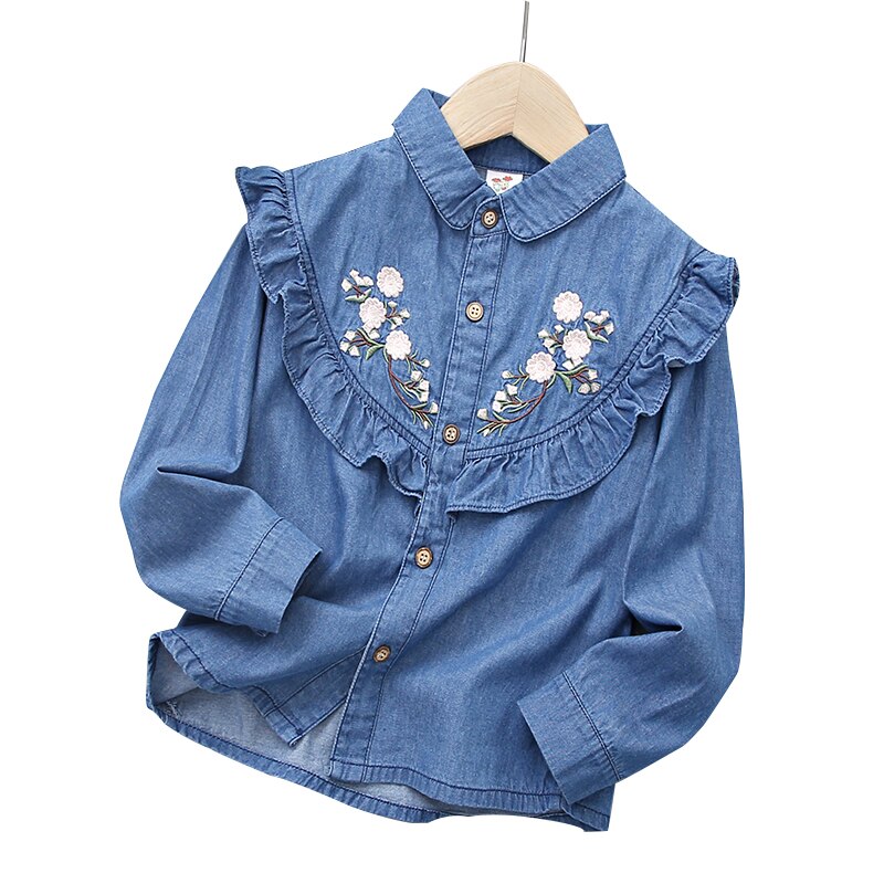 Una camicia da cartone animato per bambini nel 2021 camicia in denim ricamato A fiori ricamati per ragazze primavera e autunno