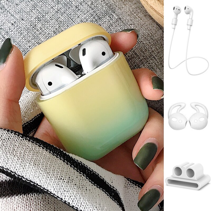 1/5PSC chiaro caso per caso sveglio di airpods Liscia gradiente della copertura per airpods 2 di tappo per orecchie Anti-perso rope copertura di caso di sport per airpods 2 caso: Set B Yellow-Green