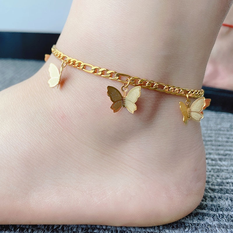 Gouden Vlinder Enkelbandje Goud Rvs Enkelband Boho Strand Enkelbanden Voor Vrouwen Sandalen Voet Armbanden Vrouwelijke Sieraden