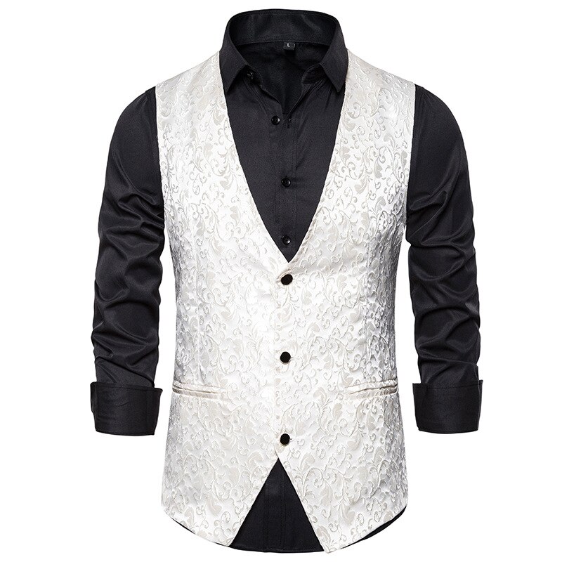 Herren Gold Paisley Jacquard Weste Einreiher V-ausschnitt Anzug Weste Smoking Weste Gothic Aristocrat Steampunk Viktorianischen Gilet: white / L