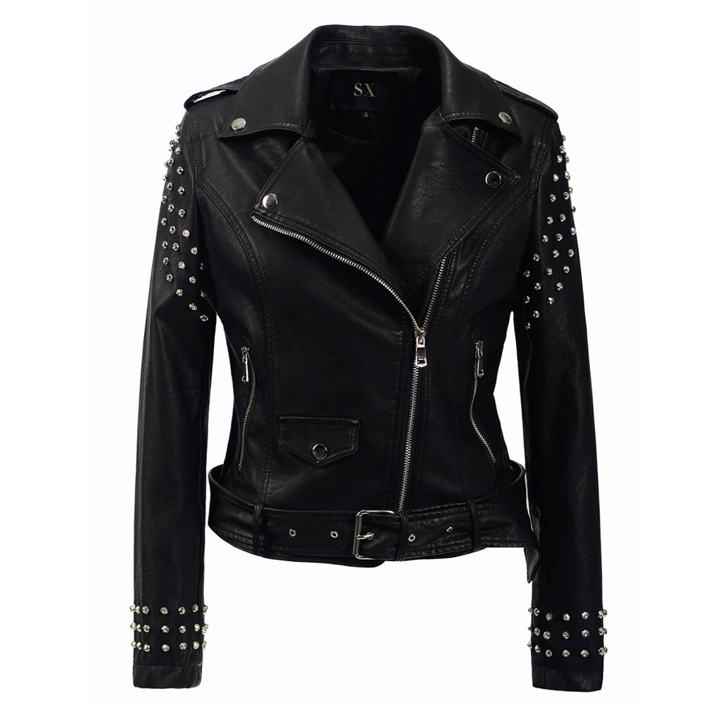Soft PU Faux Leather rivet Jackets Women slim fit Motorcyle Biker Black Lady coats