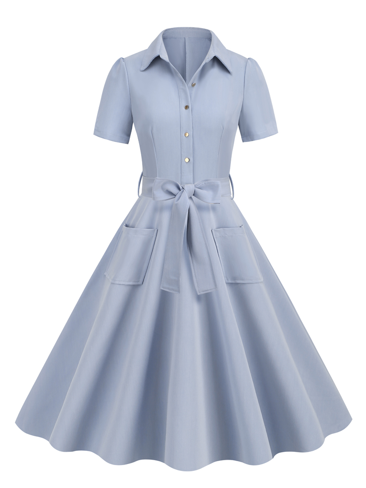Tonval Marineblau Jahrgang Aufstecken Kleid Baumwolle lange Kleider Frauen Knopf oben Gürtel Rockabilly schwingen Kleid: S / Blau