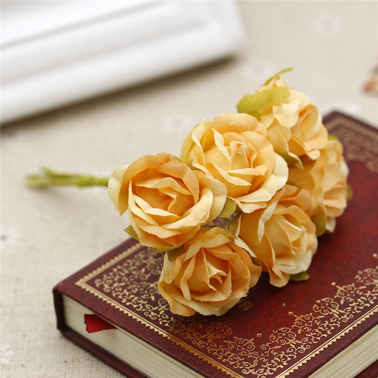 Buquê de flores artificiais 6 peças, mini rosas, para casamento, decoração para casa, para scrapbooking, artesanato faça você mesmo, caixa de doces, decoração de presente: Laranja