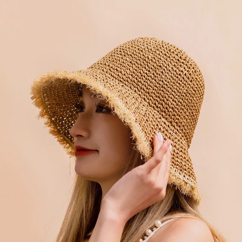 Chapéu de palha de crochê para mulheres verão artesanal oco panamá ráfia papel borla borda praia chapéus uv proteger dobrável viseira de sol