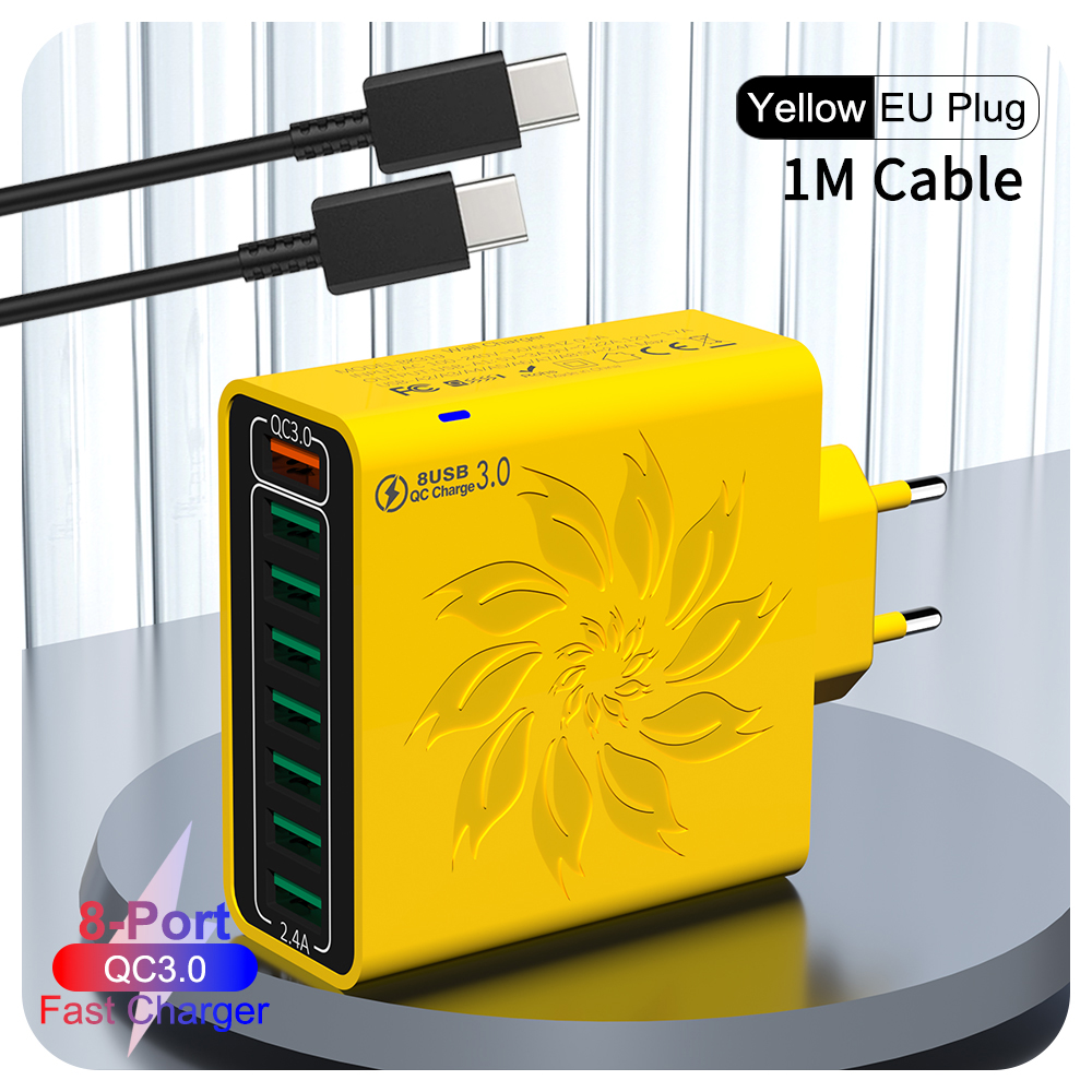 65W Huishoudelijke 8 Poorten USB-oplader met datakabel voor meerdere apparaten USB Snel opladen Muuradapter Quick Charge 3.0 Oplader: zwart