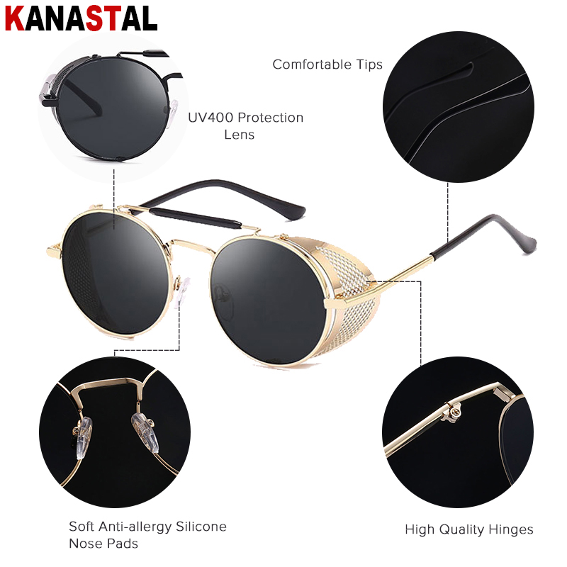 Retro Round Steampunk Sunglasses Men Women UV Side Shield Glasses Metal Frame Gothic Mirror Lens Sun Glasses