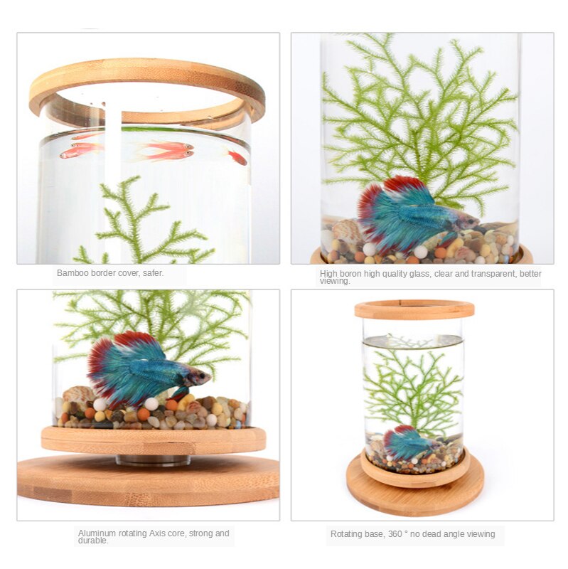 360 grad Rotierenden Glas Betta Fisch Panzer Bambus Basis Mini Aquarium Dekoration Drehen Fisch Schüssel Aquarium Büro Zubehör