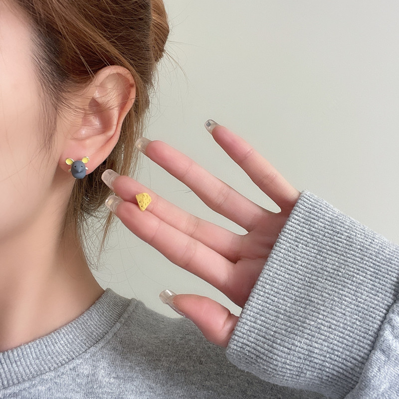 Kinder Asymmetrische Dier Kat Liefde Hart Oorbellen Mooie Grijze Muis & Kaas Konijn & Bloem Oorknopjes Student Sieraden