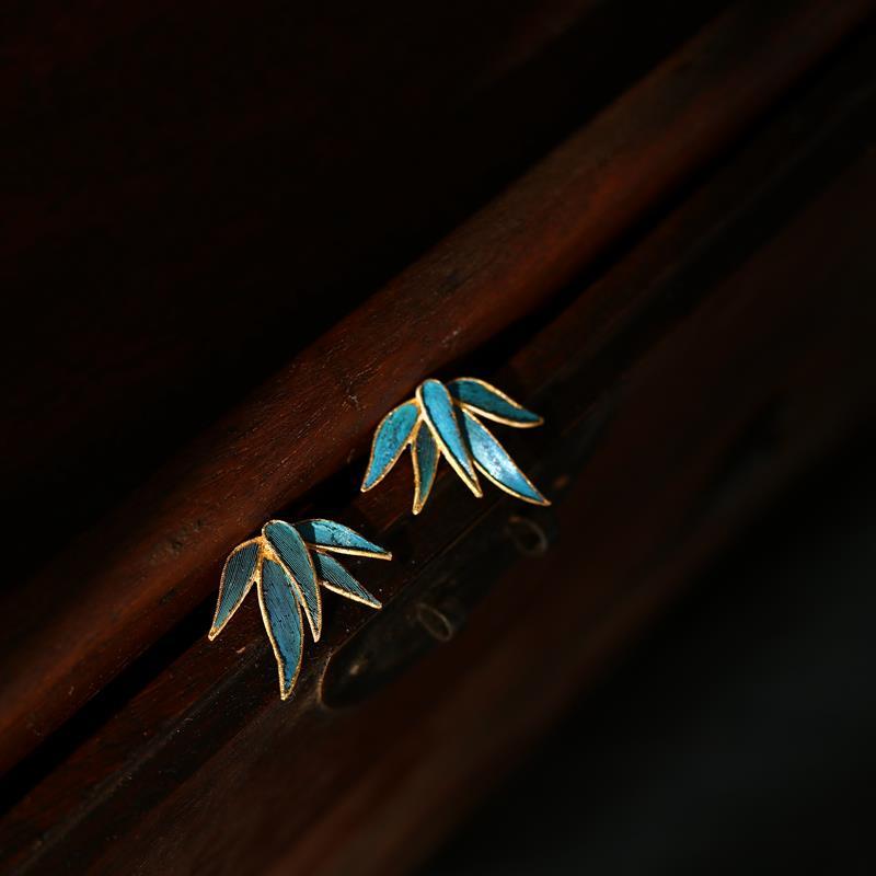 Bamboo Leaf Stud Earrings Female Cloisonne Imitation Tian-Tsui Palace Museum Classic Chinese Simple Chinese Style Antiq
