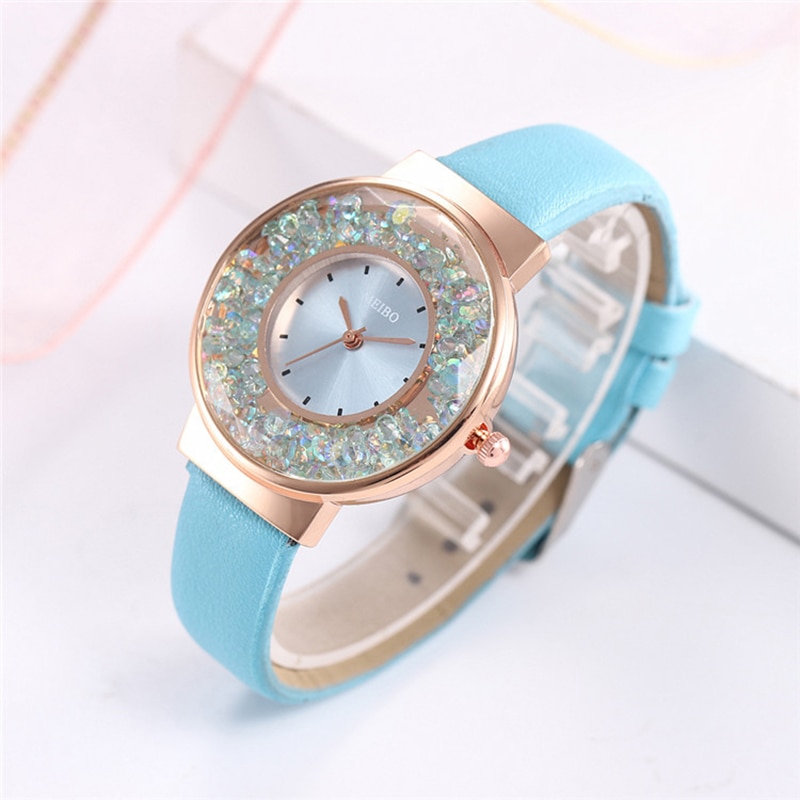 Vrouwen Horloges Luxe Rhinestone Blauw Rood Quartz Horloge Mode Dames Horloge Lederen Armband Horloges