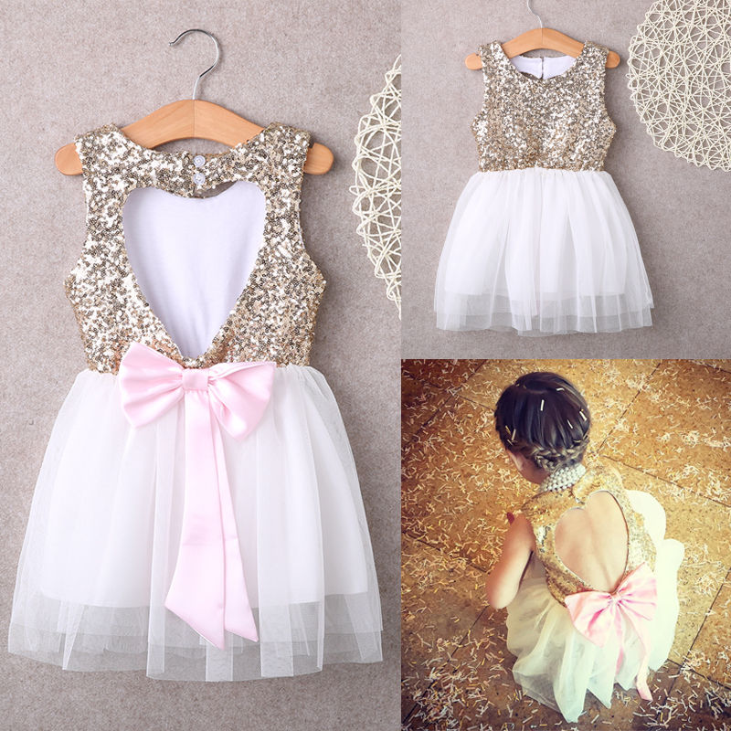 3-10Y Children Baby Girl Dress Clothing Sequins Party Gown Mini Ball Formal Love Backless Princess Bow Backless Gown Dress Girl
