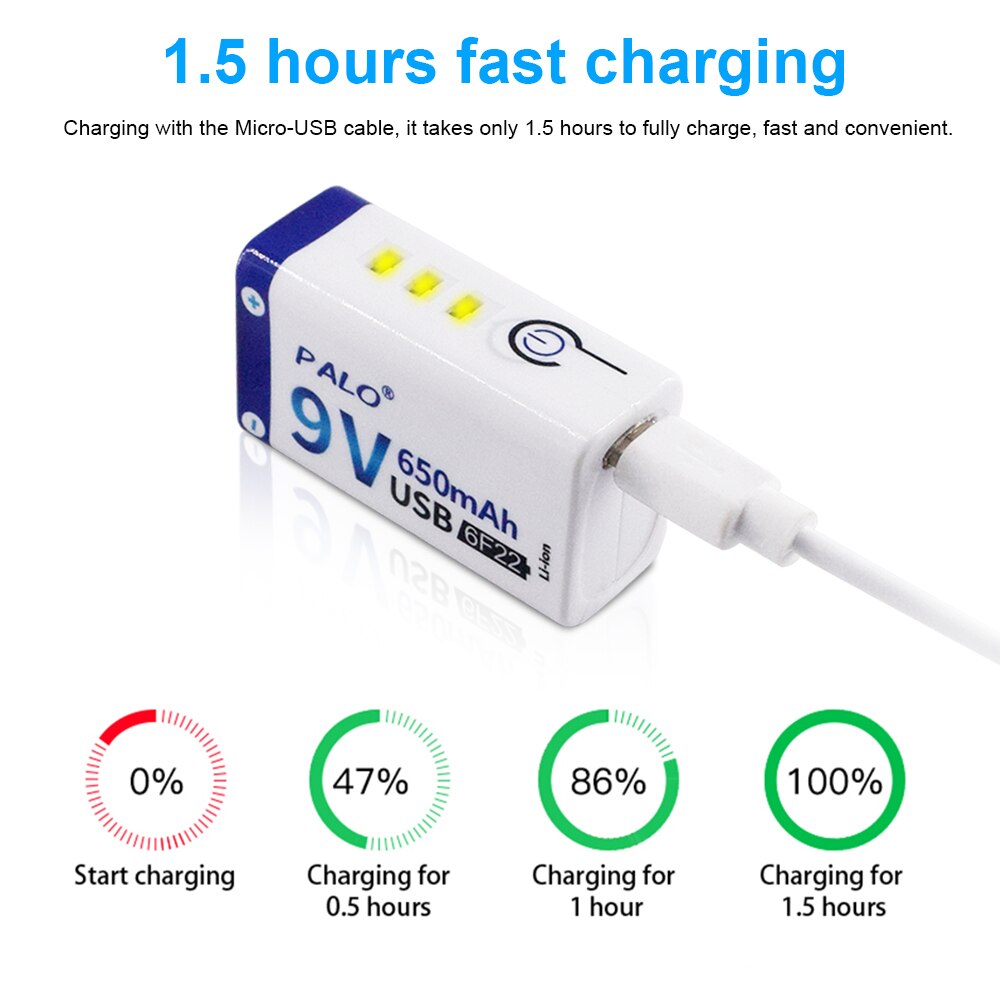 Bateria recarregável do lítio 9v de usb da bateria 9v do li-íon 650mah de palo 6f22 9v usb para o controle remoto do brinquedo