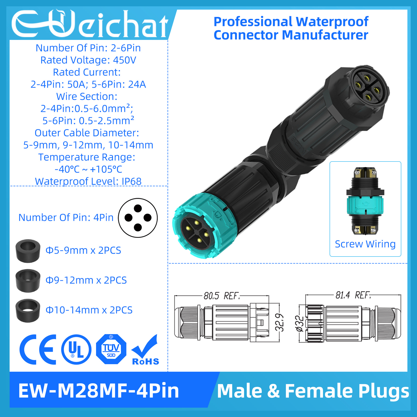 Conector eléctrico Circular de aviación, conector a prueba de agua IP68, desbloqueo rotativo, Serie de enchufe macho y hembra, M15-M28: Azul