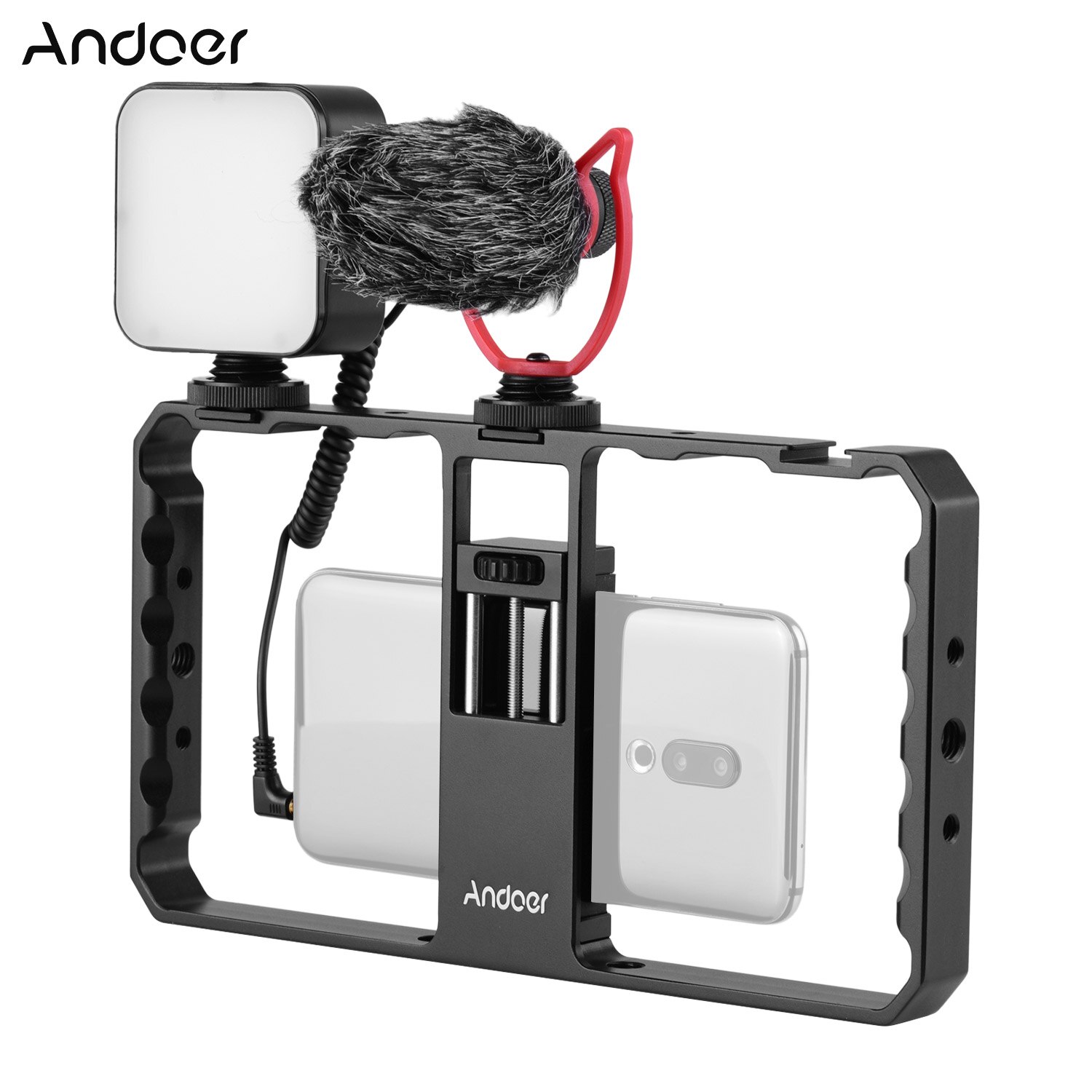 Andoer Smartphone Video Rig Grip with Rig LED Light Microphone with Shock Mount for Vlog Film-making for iPhone Samsung HUAWEI