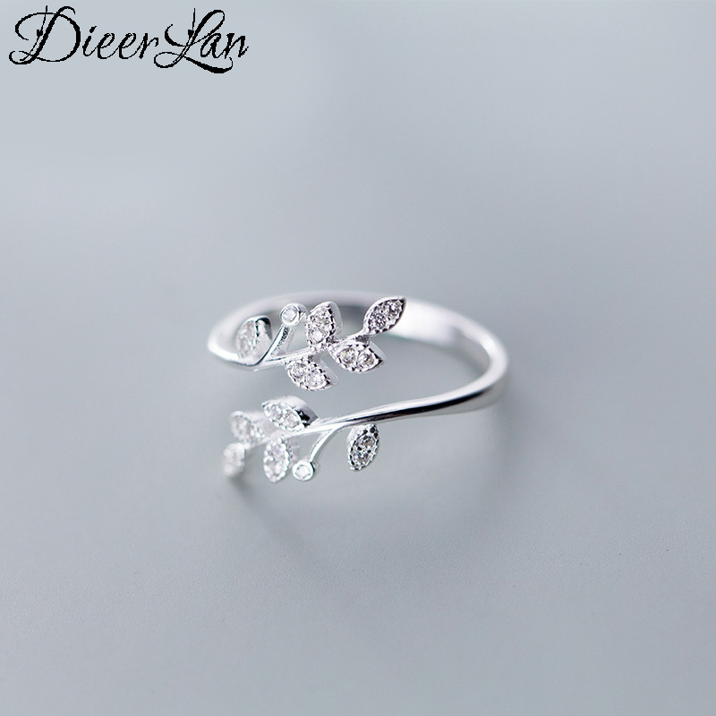 DIEERLAN, Anillos de hojas de cristal de Plata de Ley 925 con personalidad para mujer, joyería de boda, Anillos de dedo antiguos ajustables