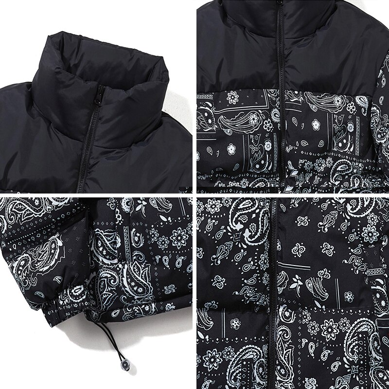 파커 Hip Hop Paisley kurtka Parka Streetwear mężczyźni wiatrówka zima bawełna dół warstwa bąbelkowa pary Bandana Bomber Куртка Зимняя