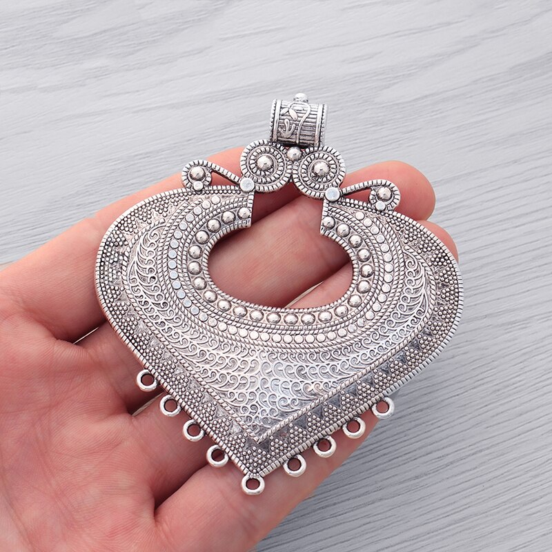 3pcs/lot Tibetan Silver Ethnic Boho Bohemia Large Heart Connectors Charms Pendants for Necklace Jewelry Making 85x74mm