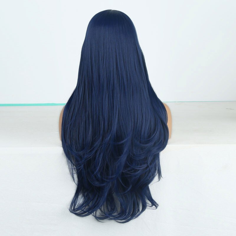 Peluca de pelo sintético de onda larga suelta azul oscuro sin pegamento de fibra resistente al calor para pelucas de mujer