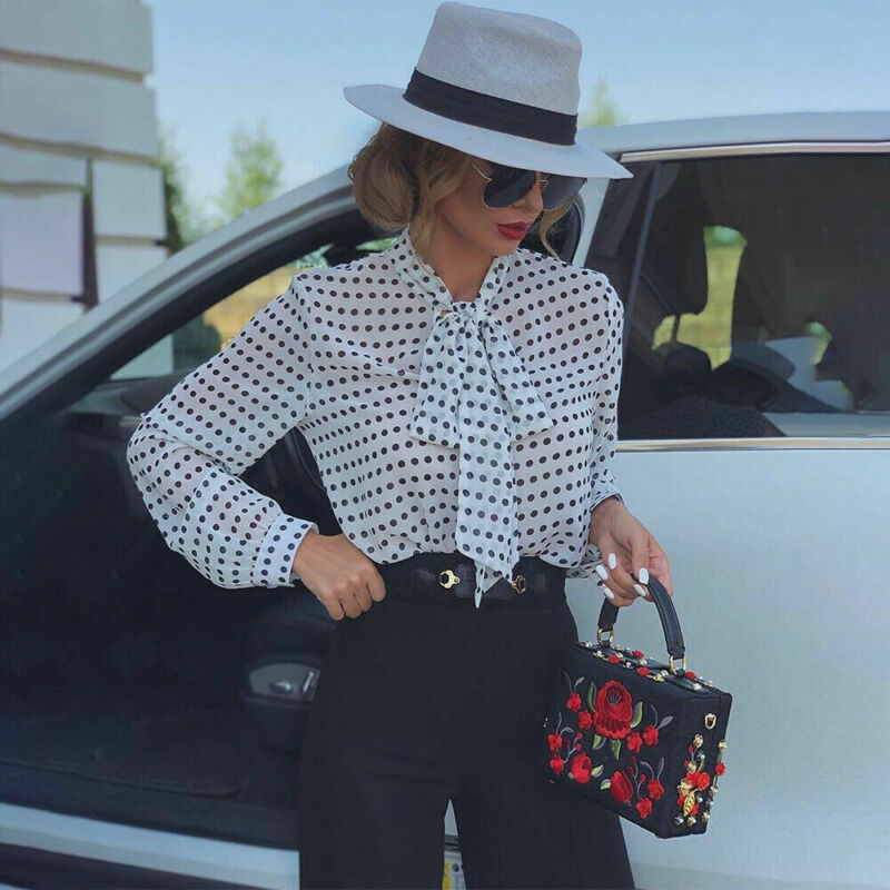 Elegante Vrouwen Stip Blouses Formele Office Lady Bow Tie Lange Mouwen Shirts Mode Puff Mouw Chiffon Blouses Tops