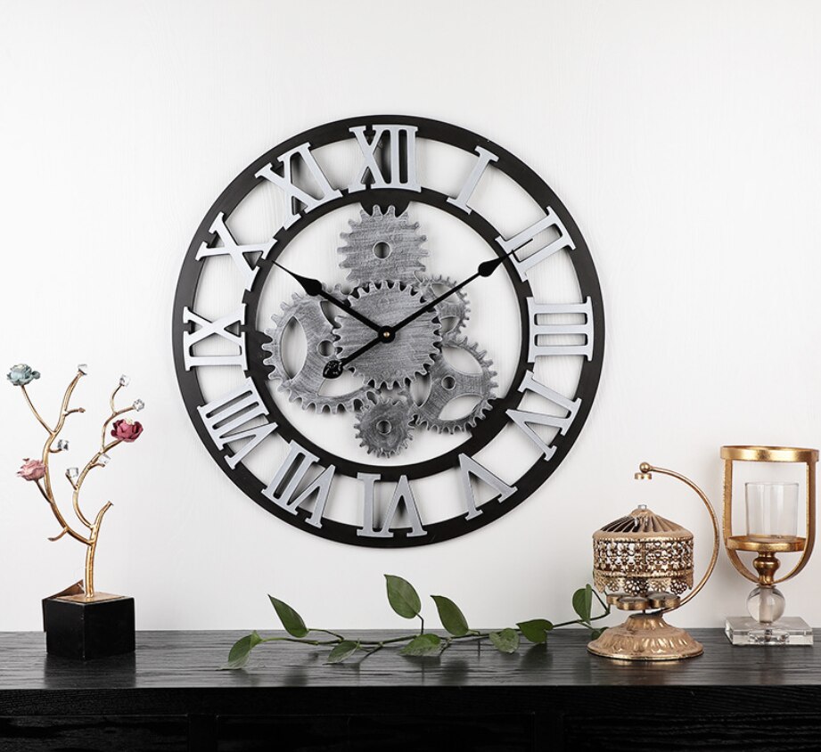 Industrial Wind Gear Wooden Wall Clock Noiseless Silent Gear Industrial Gear Wall Clock Roman Numerals Retro Rustic for House