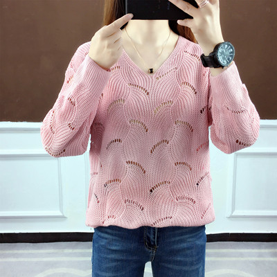 Suéter fino de verano para mujer, informal, liso, con agujeros, manga larga, cuello en v, prendas de punto sueltas, suéteres de punto: Rosa
