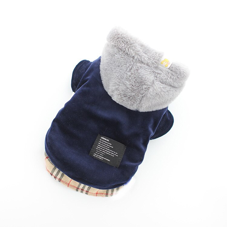 Ropa de perro de dos pies de color rojo y azul con sombrero otoño e invierno, gorro de terciopelo para cachorros, abrigos acolchados de algodón para Perros, peros Acesorios: Azul / XL