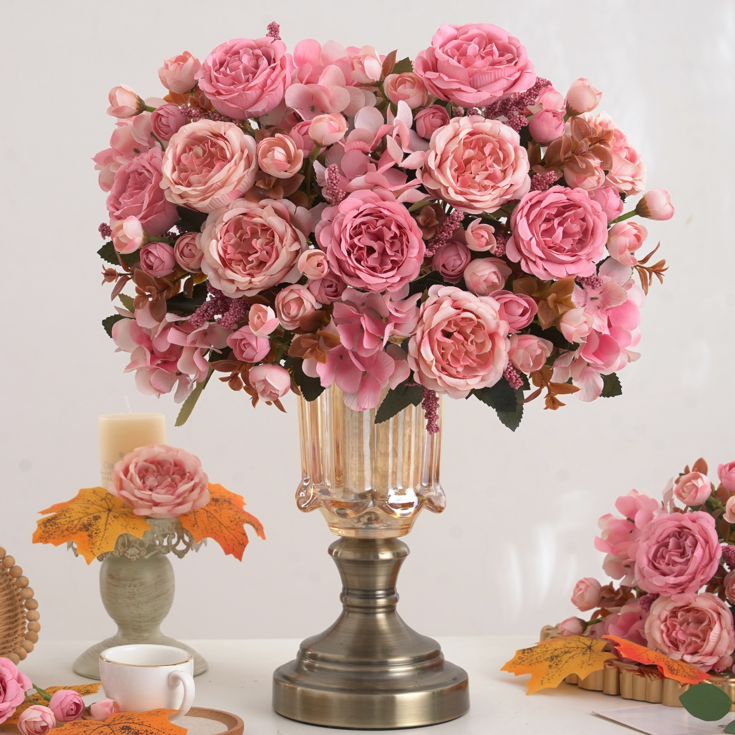 1/5 PCS Vibrant Autumn Artificial Peony & Hydrangea Bouquet | Fall Floral Arrangements for Wedding, Home, Room Party Decor